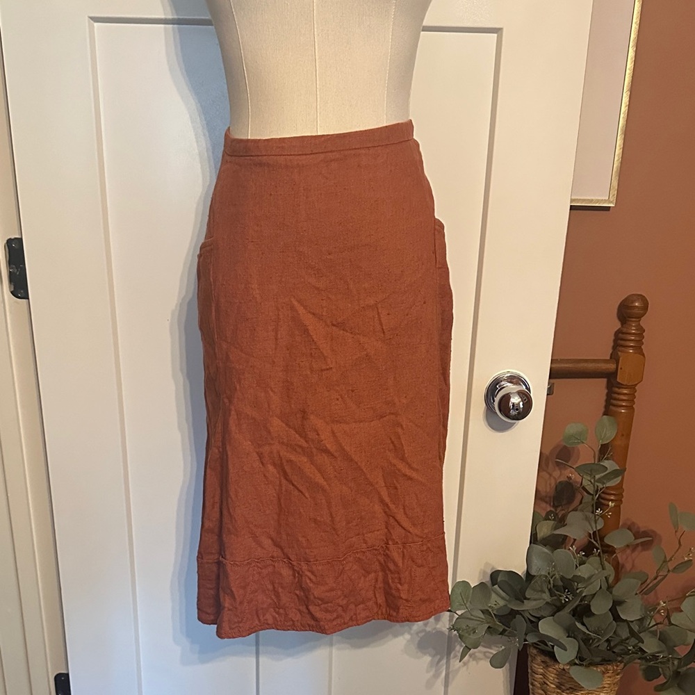Zara Basic burnt orange flax linen A-line pockets zigzag hem stitches L Skirt